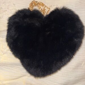 Elegant Black Heart-Shaped Faux Fur Purse